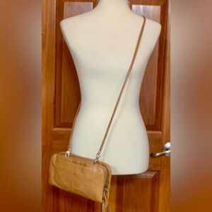 HOBO light brown tan leather crossbody purse double zipper boho